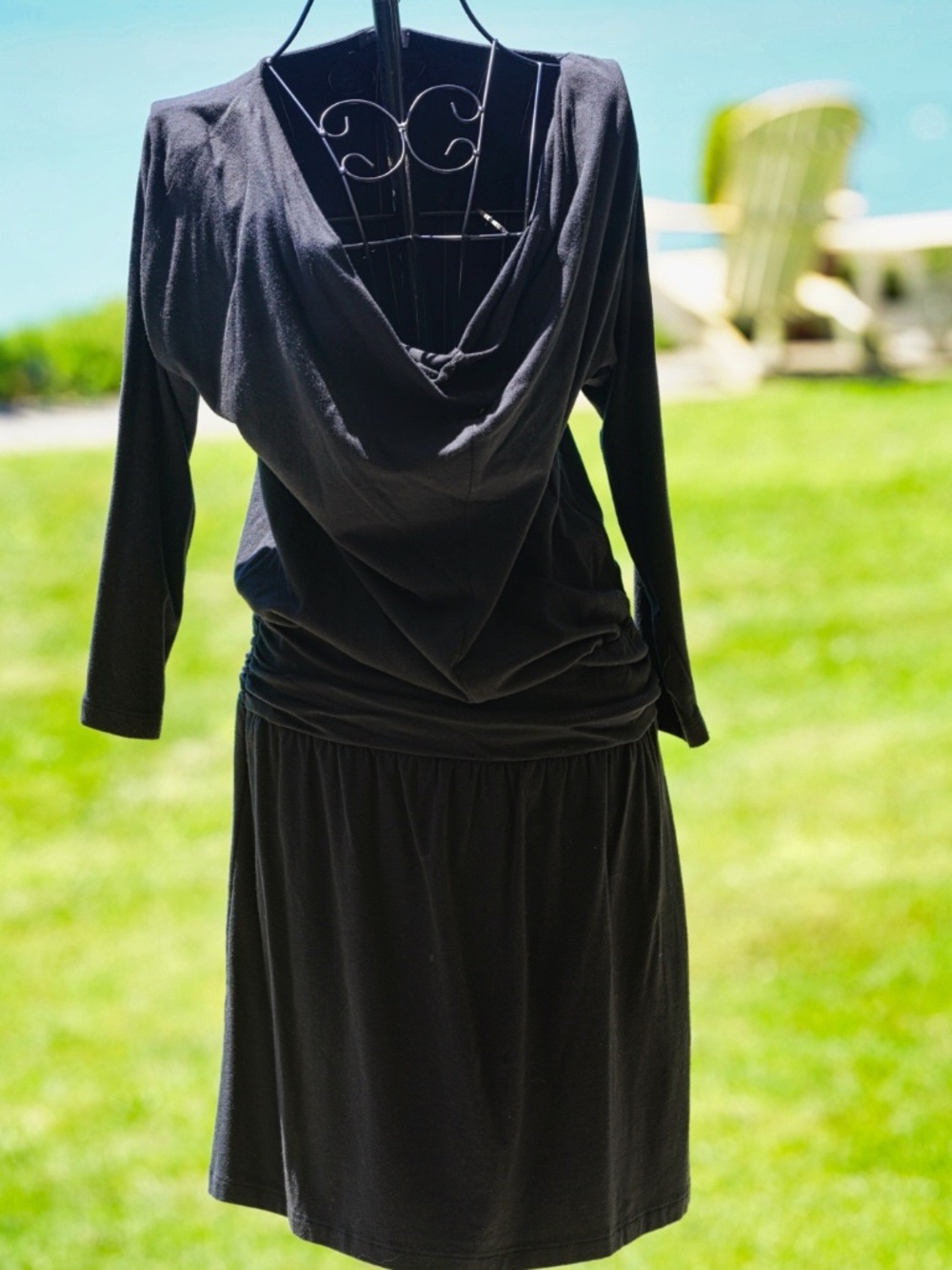 Lilla P Black Cowl Neck 3/4 Sleeve Ruched Drop Waist Knit Mini Dress L Large